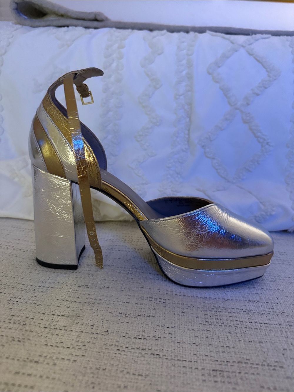 All Saints Metallic Silver and Gold Platform Block Heels
